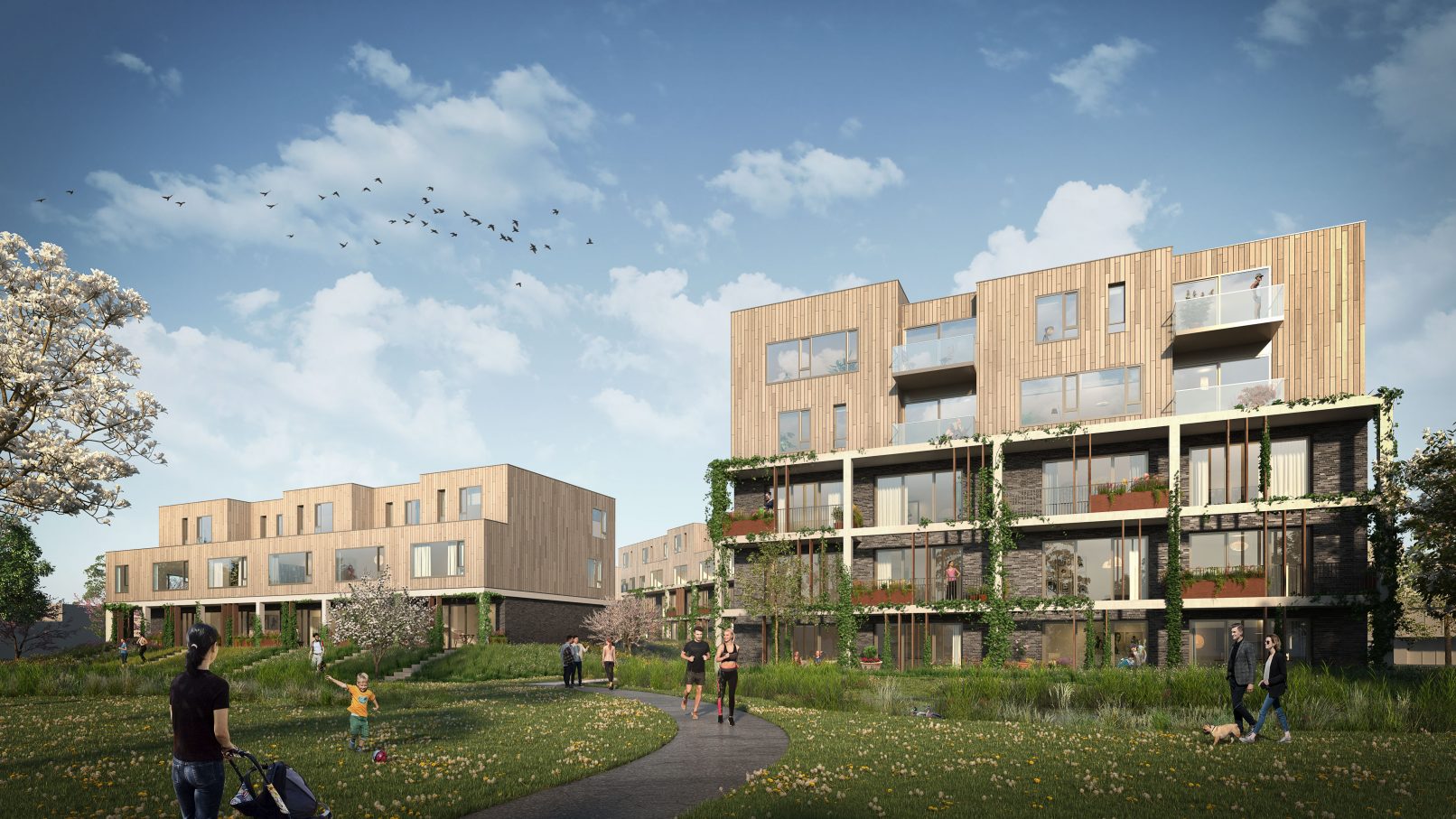 Ensemble van twee moderne houten woongebouwen, gebouwd rondom een gemeenschappelijke tuin en gelegen aan een stedelijk park. Lotus-park Nieuwegein, CRKL architecten