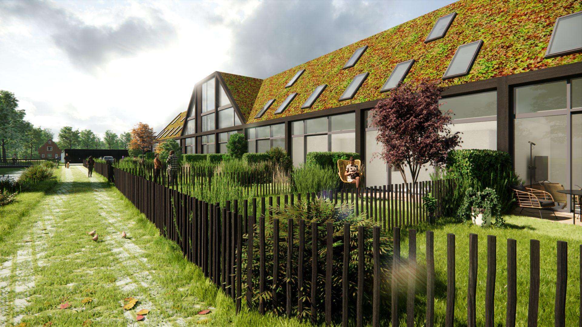 Een als langgerekte woonschuur ontworpen woongebouw met een sedum begroeide kap in een landelijke setting, aan het water.