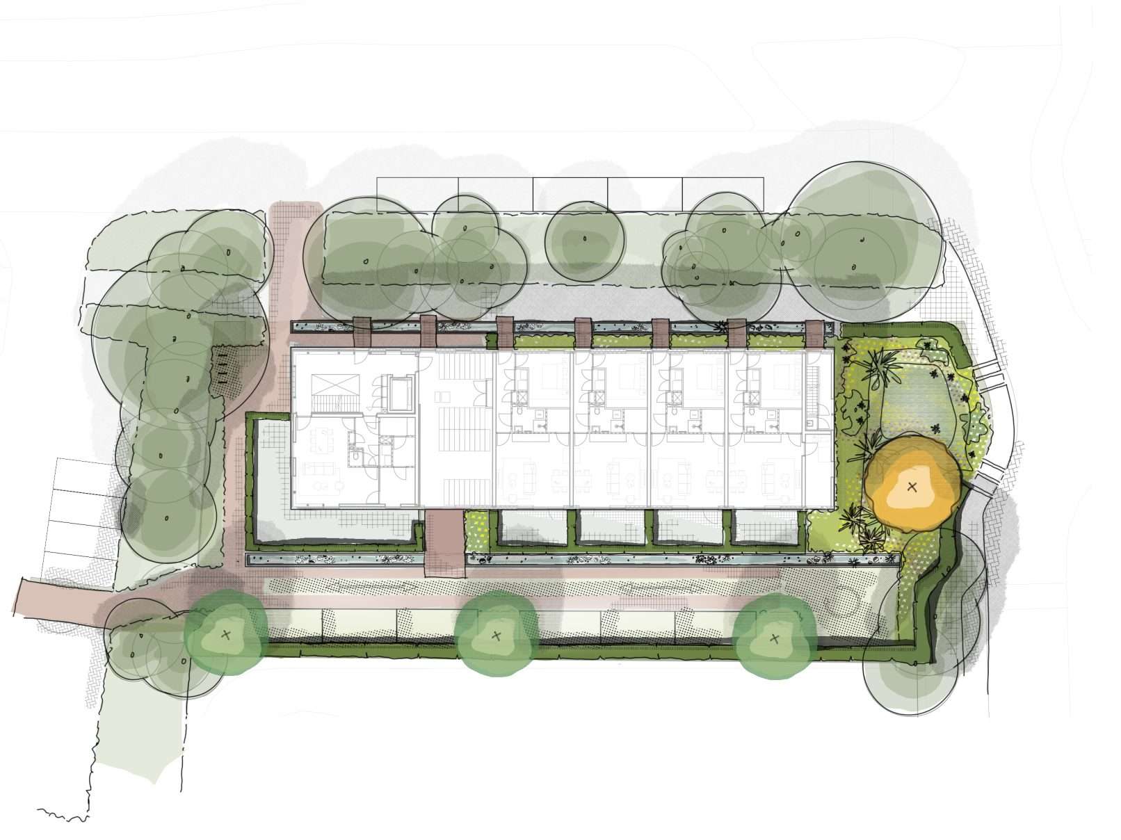 Het gebouw maakt onderdeel uit van een zorgvuldig ontworpen tuin met inheemse soorten en een wadi die het regenwater opvangt en infiltreert.