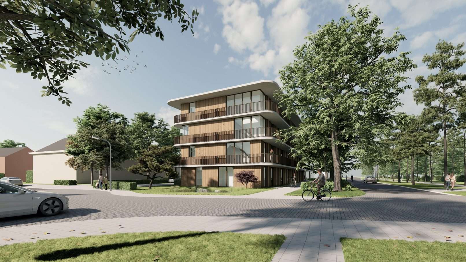 Het woongebouw genaamd 'het paviljoen' is een alzijdig vormgegeven houten volume met verspringende verticale vensters en rondgaande vloeren met galerijen en balkons.