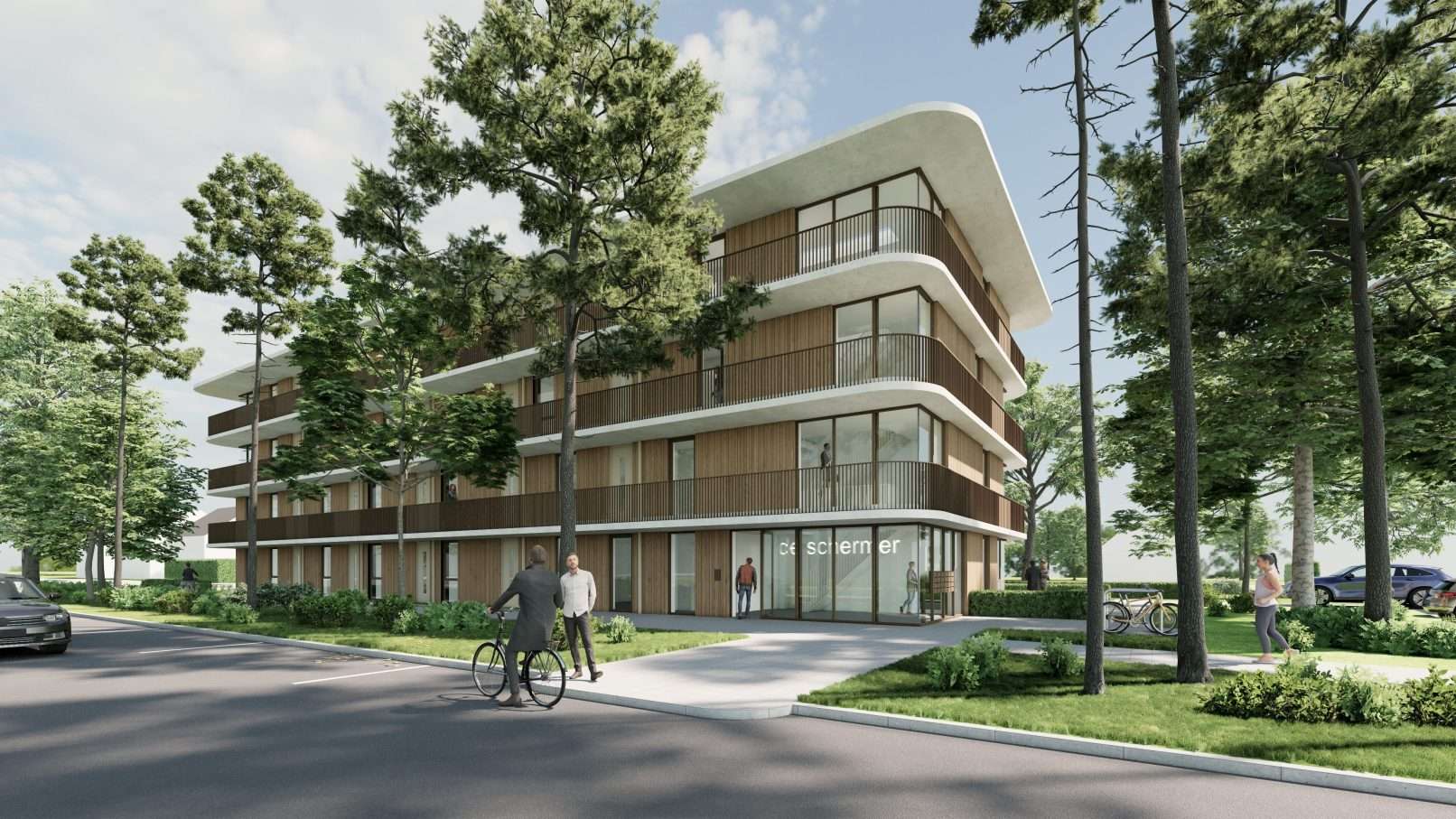 Het woongebouw genaamd 'het paviljoen' is een alzijdig vormgegeven houten volume met verspringende verticale vensters en rondgaande vloeren met galerijen en balkons.