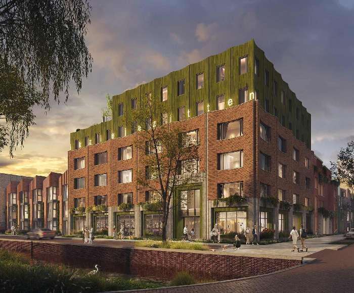 Hoekaanzicht van woonblok in VIVO in Snellerpoort Woerden
